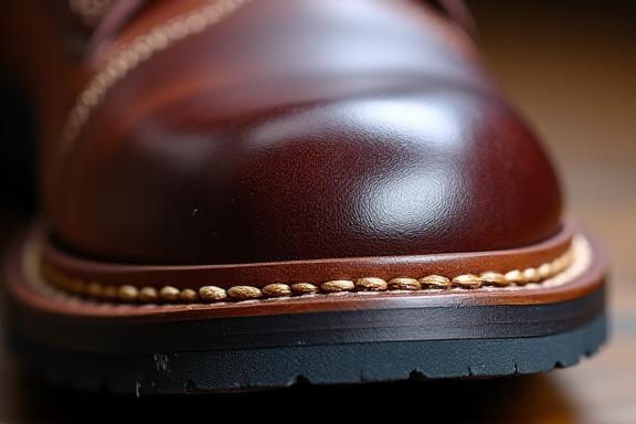 Detailansicht der Naht an einer rahmengenähten Goodyear-Schuhsohle.