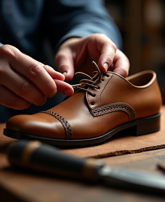 Nahaufnahme der Hände eines Schuhmachers, der eine Ledersohle von Hand näht.